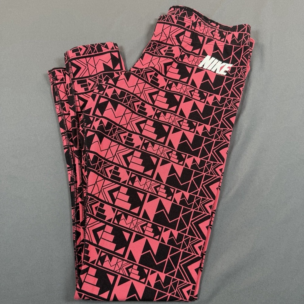 Nike Leggings Women's Medium Pink Black Athletic Spell Out Logo Pants